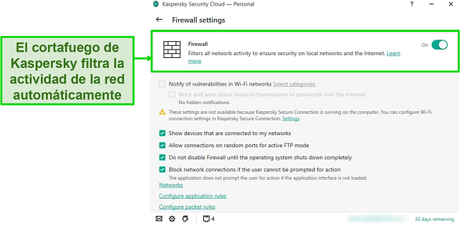 Captura de pantalla de la configuración del firewall de escritorio de Kaspersky que le permite personalizar sus reglas y filtros.