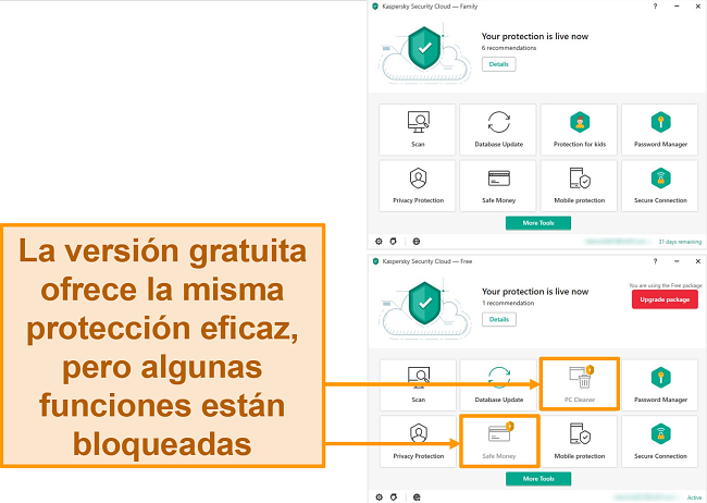 Captura de pantalla del escritorio gratuito de Kaspersky Security Cloud que muestra las funciones bloqueadas frente a una versión premium.