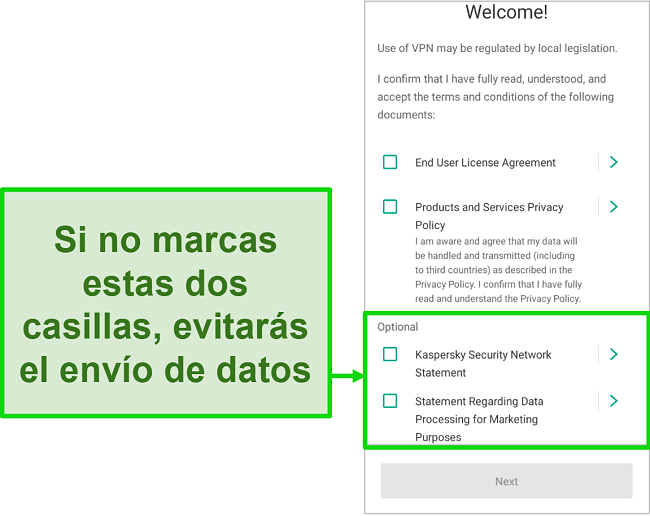 Captura de pantalla de la aplicación móvil Kaspersky Antivirus que muestra la pantalla de exclusión voluntaria de la recopilación de datos en el menú de bienvenida.