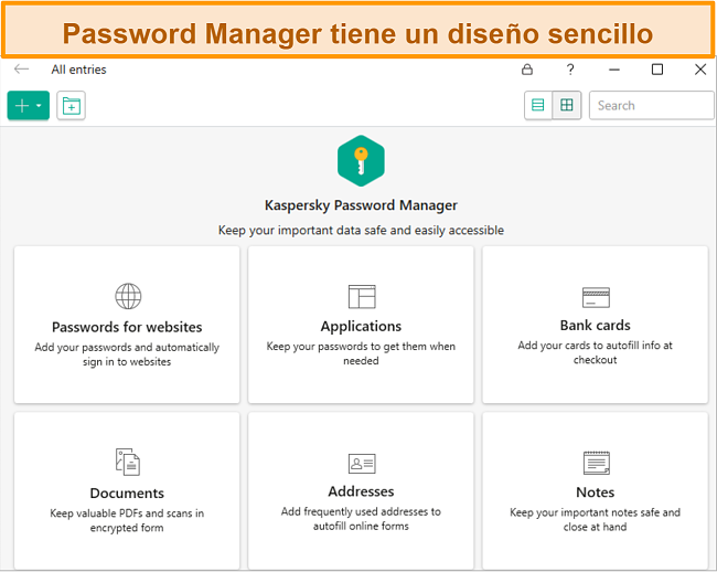 Captura de pantalla de la aplicación Kaspersky Password Manager, con la opción de agregar contraseñas, tarjetas bancarias, direcciones y documentos.