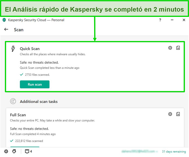 Captura de pantalla de la pantalla de resultados del análisis rápido de la aplicación de escritorio Kaspersky Antivirus.
