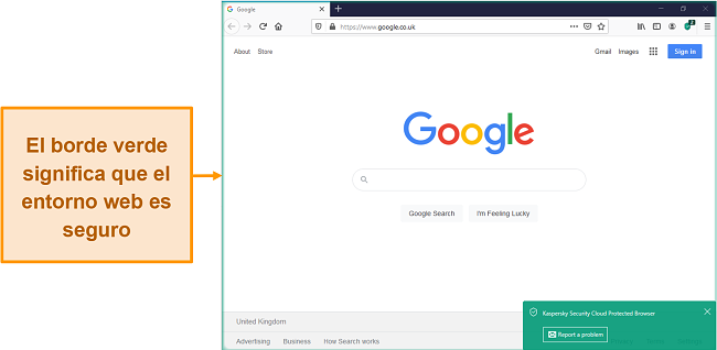 Captura de pantalla del navegador protegido de Kaspersky Security Cloud con una notificación segura.