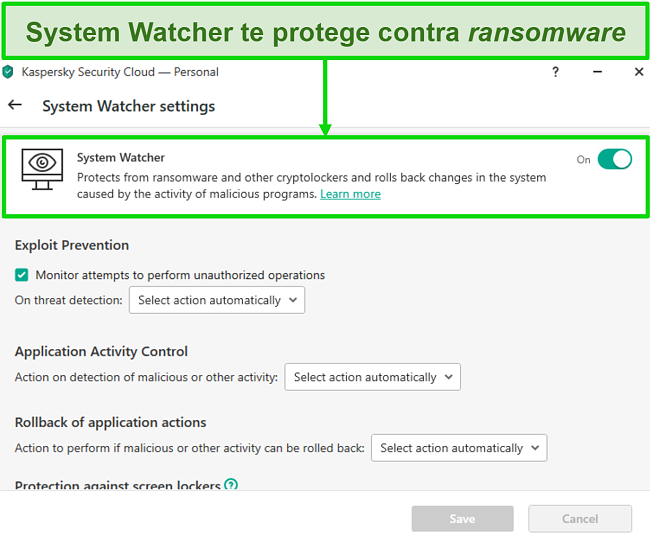 Captura de pantalla de la pantalla de configuración de Kaspersky System Watcher que permite personalizar la protección contra ransomware.