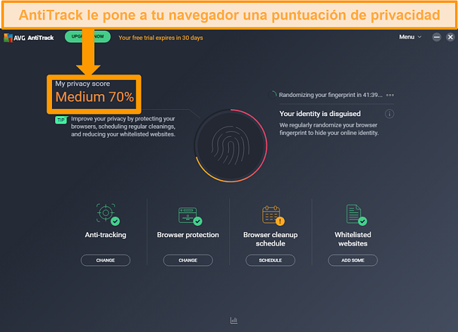 Captura de pantalla de la puntuación de privacidad de AVG AntiTrack para el navegador web