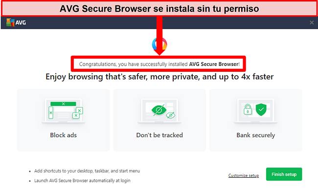 Captura de pantalla de la pantalla de inicio de AVG Secure Browser.