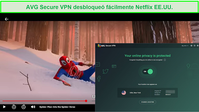 Captura de pantalla de AVG SecureVPN desbloqueando Netflix de EE. UU.