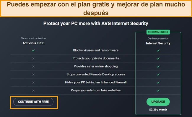 Captura de pantalla que muestra los planes de AVG