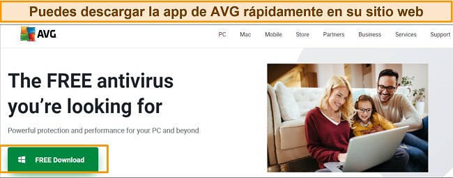 Captura de pantalla de la página de inicio de AVG que muestra el botón de descarga