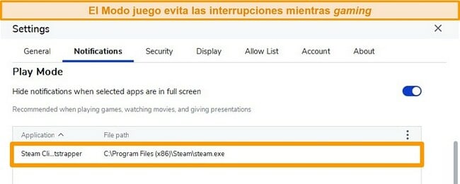 Captura de pantalla del programa antivirus Malwarebytes con el modo de reproducción activado para detener las notificaciones cuando se juega en aplicaciones como Steam