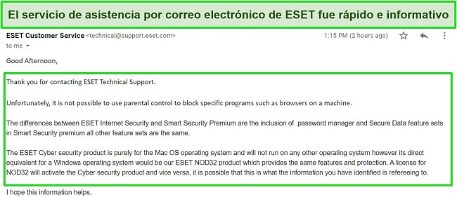 Captura de pantalla de la respuesta de soporte por correo electrónico de ESET