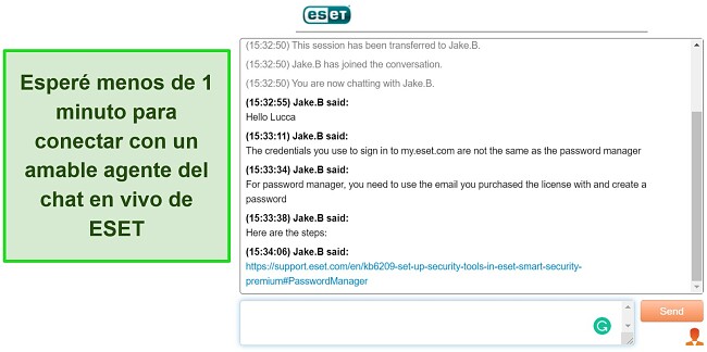 Captura de pantalla del chat en vivo de ESET