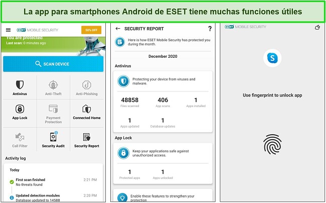 Captura de pantalla de los menús de la aplicación ESET Mobile Security