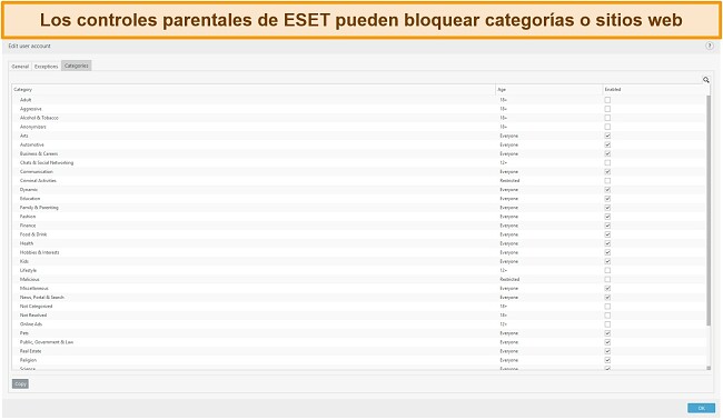 Captura de pantalla de los controles parentales de ESET