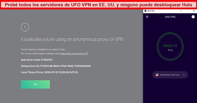 Hulu muestra el error de proxy mientras está conectado al servidor de San Francisco de UFO VPN