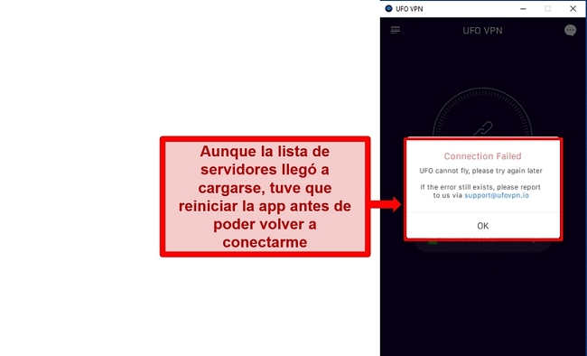 Captura de pantalla del error de conexión de UFO VPN