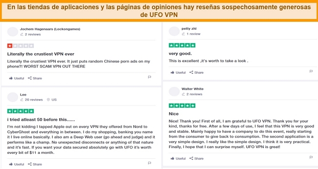 Captura de pantalla de las reseñas de UFO VPN en Trustpilot.com