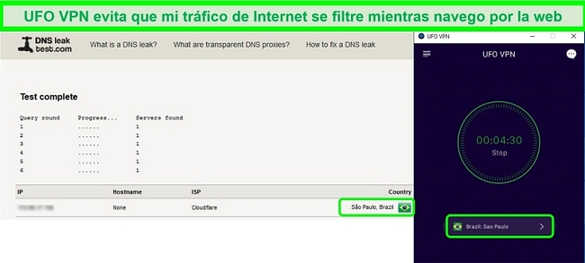 Captura de pantalla de una prueba de fugas de DNS exitosa mientras está conectado a un servidor VPN UFO en Brasil