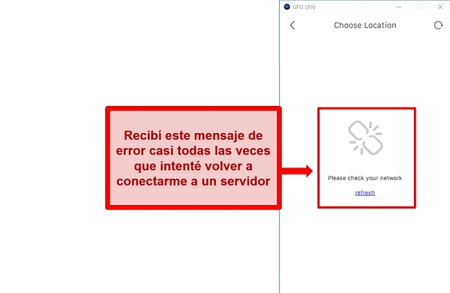 Captura de pantalla del error de la lista de servidores de UFO VPN