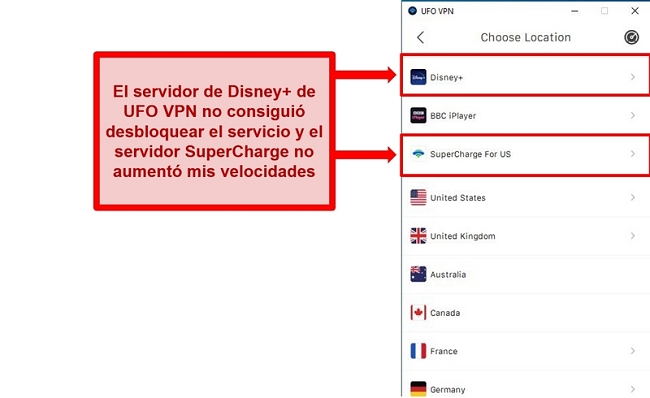 Captura de pantalla de la lista de servidores de UFO VPN