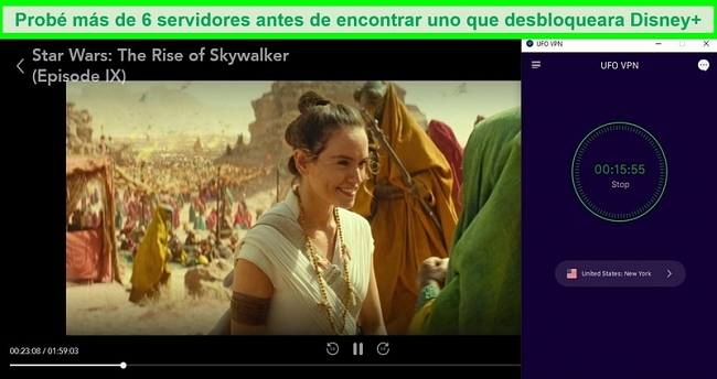 Disney Plus jugando Star Wars: The Rise of Skywalker mientras está conectado a un servidor en los EE. UU.