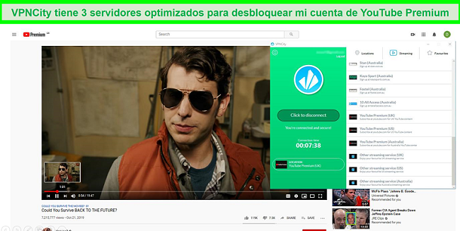 Captura de pantalla de YouTube Premium que se reproduce en HD mientras está conectado al servidor de transmisión de YouTube Premium del Reino Unido de VPNCity