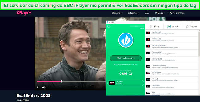 Captura de pantalla de la transmisión EastEnders de BBC iPlayer mientras está conectado al servidor de transmisión BBC iPlayer de VPN City
