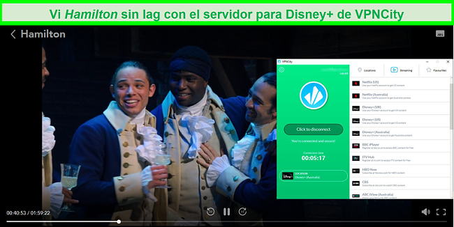 Captura de pantalla de Hamilton jugando en Disney + mientras está conectado al servidor de transmisión DIsney Plus Australia de VPNCity