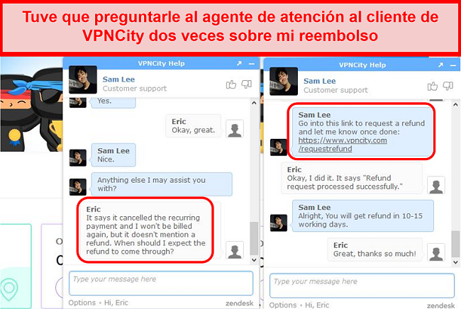 Captura de pantalla de una conversación con el chat en vivo de VPNCity que muestra el proceso de solicitud de reembolso