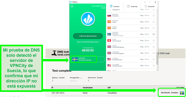 Captura de pantalla de VPNCity conectada a un servidor de Suecia y pasando una prueba de fugas de DNS