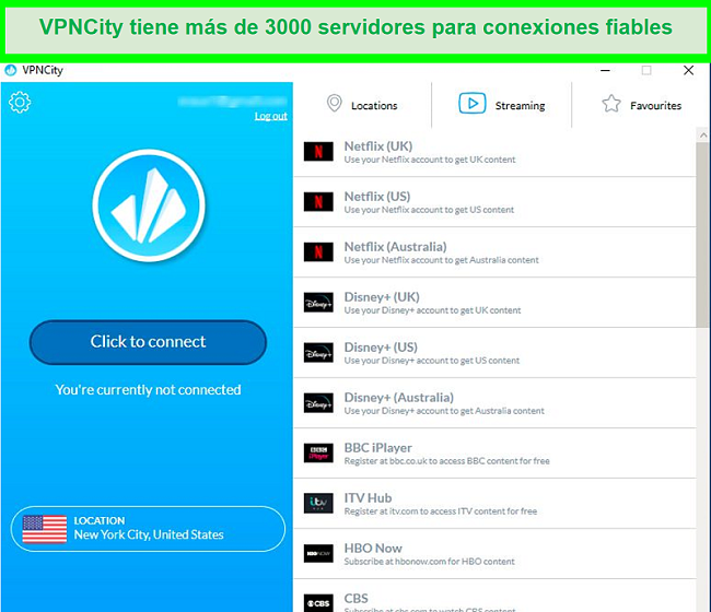 Captura de pantalla de la interfaz de usuario de VPNCity que muestra una lista de servidores de transmisión