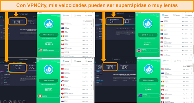 Capturas de pantalla de los resultados de Speedtest.net, que muestran velocidades en 4 países diferentes