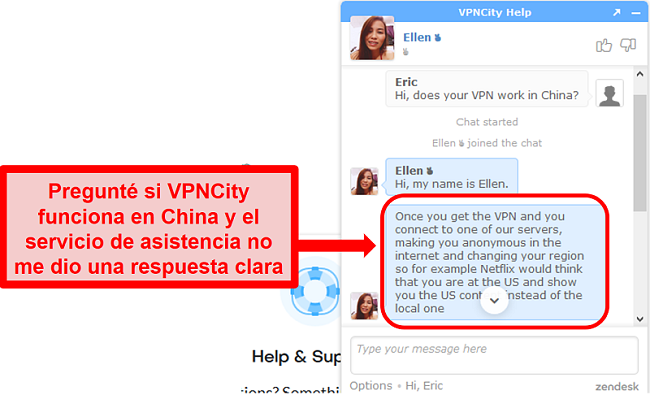 Captura de pantalla del soporte de chat en vivo de VPNCity.com