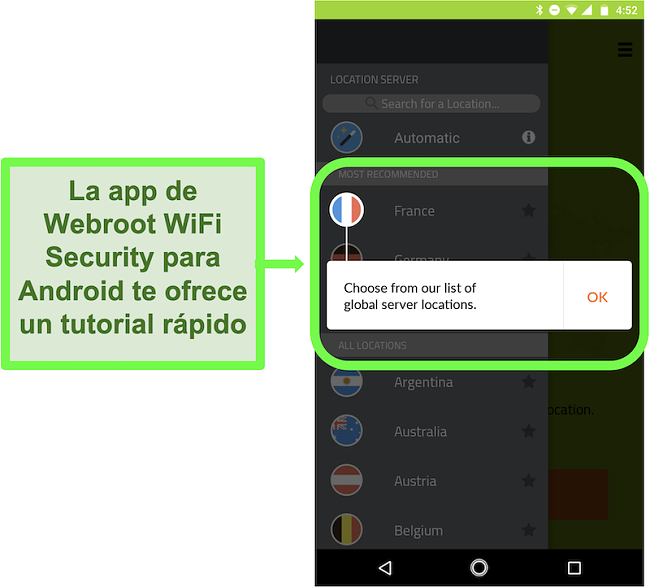 Captura de pantalla de la aplicación de Android de Webroot WiFi Security que ofrece un tutorial al usuario