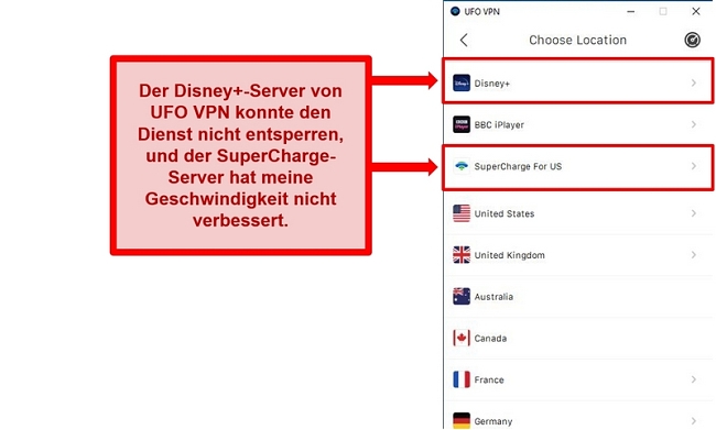 Screenshot der Serverliste von UFO VPN