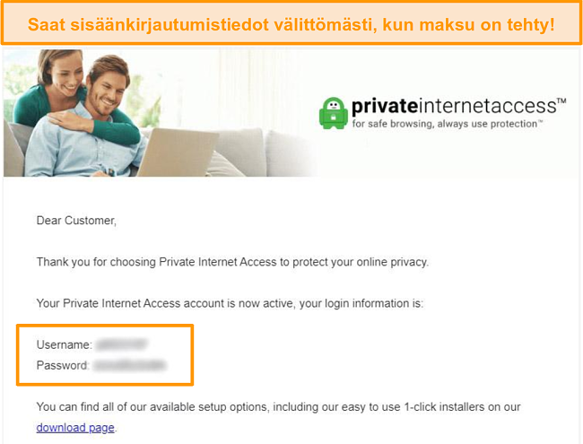 Näyttökuva Private Internet Access -kirjautumisvahvistussähköpostista, jossa kirjautumistiedot sisältyvät