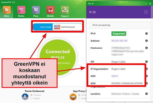 Näyttökuva GreenVPN-käyttöliittymästä, joka näyttää palvelinyhteydet ja IP-asetukset