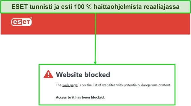 Näyttökuva ESET-virustorjunnasta, joka estää mahdollisesti vaaralliset verkkosivustot