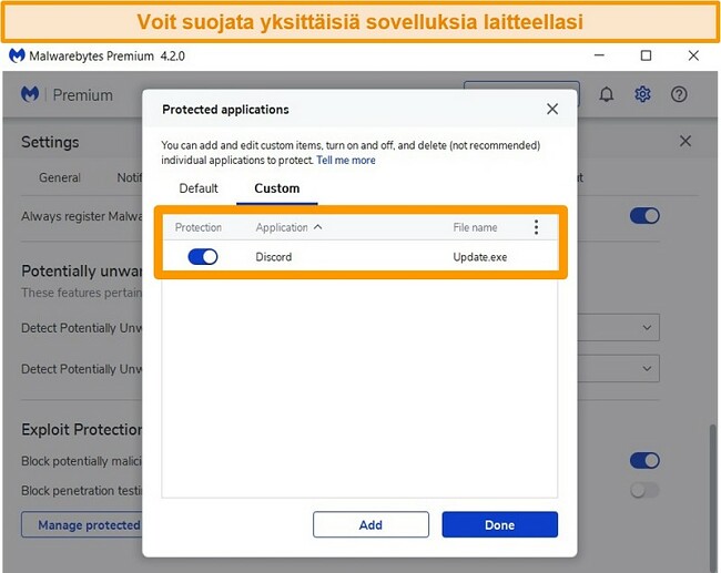 Näyttökuva Malwarebytesin Exploit Protection -suojattujen sovellusten luettelosta.