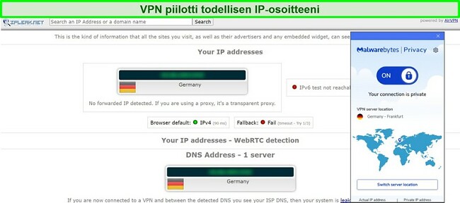 Näyttökuva Malwarebytes Privacy VPN: n IP- ja DNS-vuototesteistä