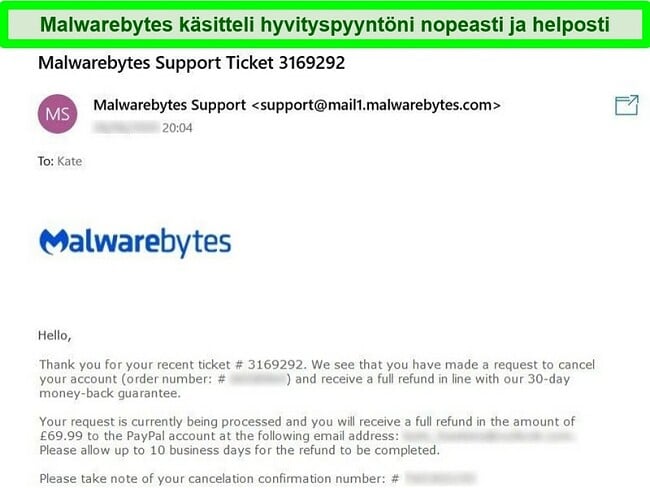 Näyttökuva Malwarebytesin palautusprosessista sähköpostitse vastaamalla hyvityspyyntölippuun.