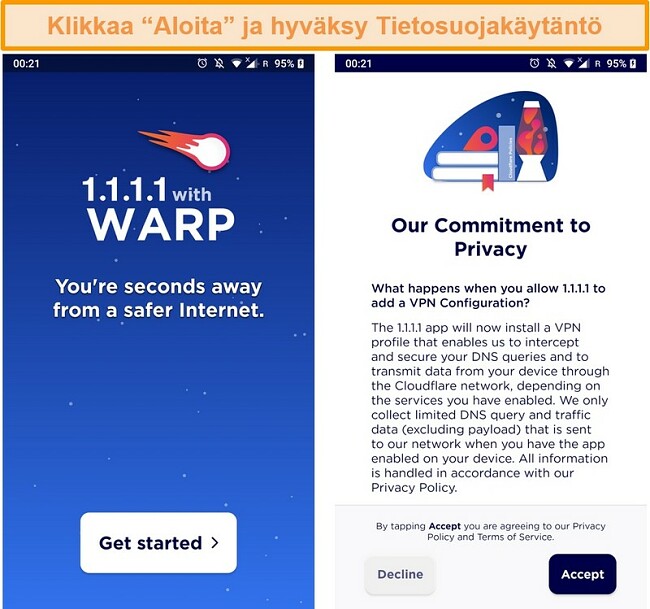 Näyttökuva, josta näkyy WARP, joka on määritetty sovelluksen käynnistämisen yhteydessä