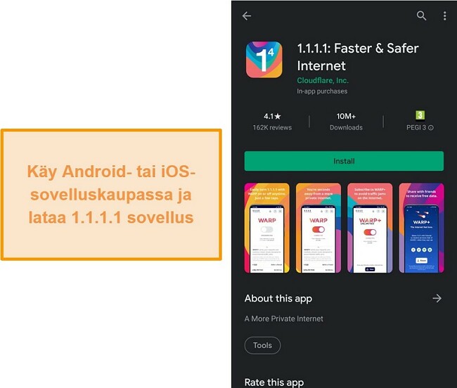 Näyttökuva mobiilisovelluskaupan 1.1.1.1.