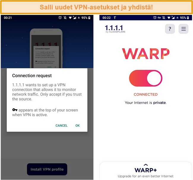 Näyttökuva iPhoneen asetettavista WARP VPN -määrityksistä