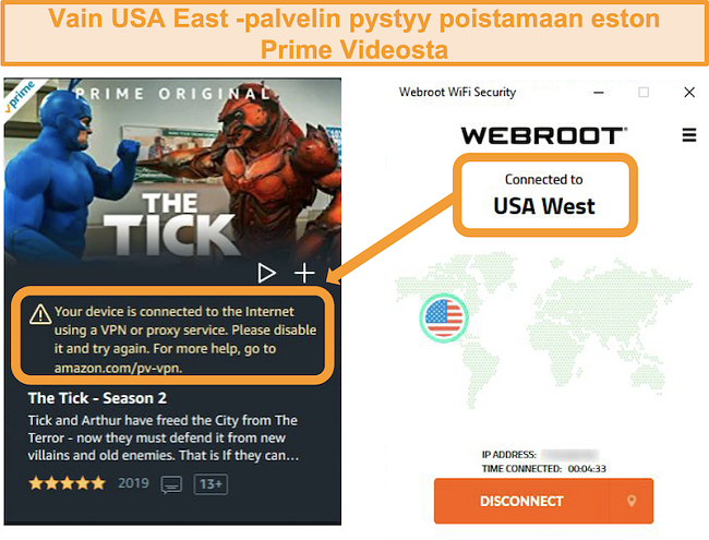 Näyttökuva Amazon Prime Videon välityspalvelinvirheestä, kun se on yhdistetty Webroot WiFi Securityn USA West -palvelimeen