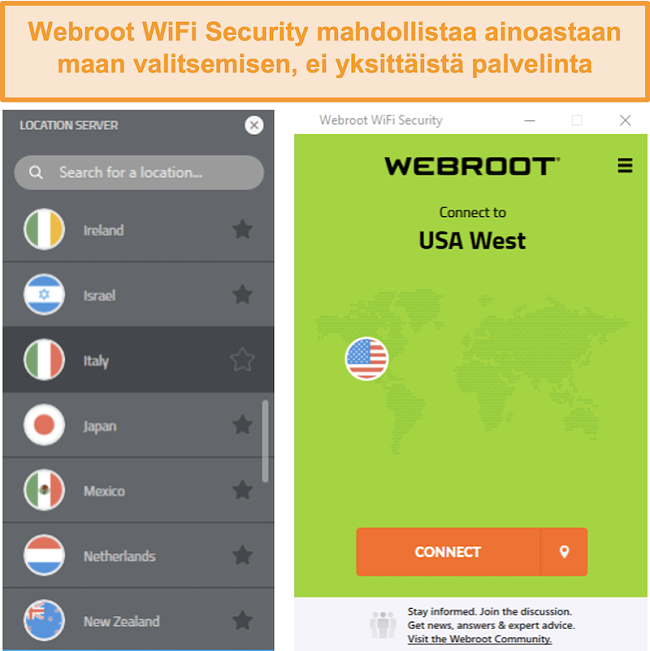 Näyttökuva Webroot WiFi Securityn palvelinverkkovalikosta