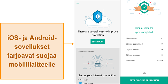 Näyttökuva Kaspersky Security Cloudista iOS: ssä verrattuna Android-versioon