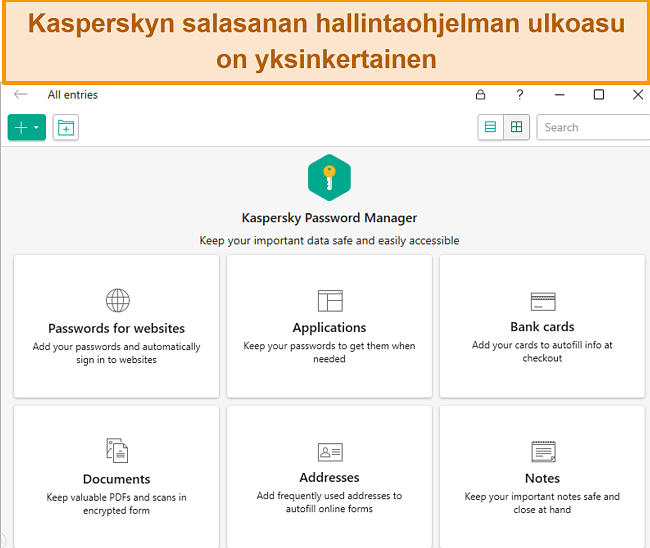 Näyttökuva Kaspersky Password Manager -sovelluksesta, jossa voit lisätä salasanoja, pankkikortteja, osoitteita ja asiakirjoja.
