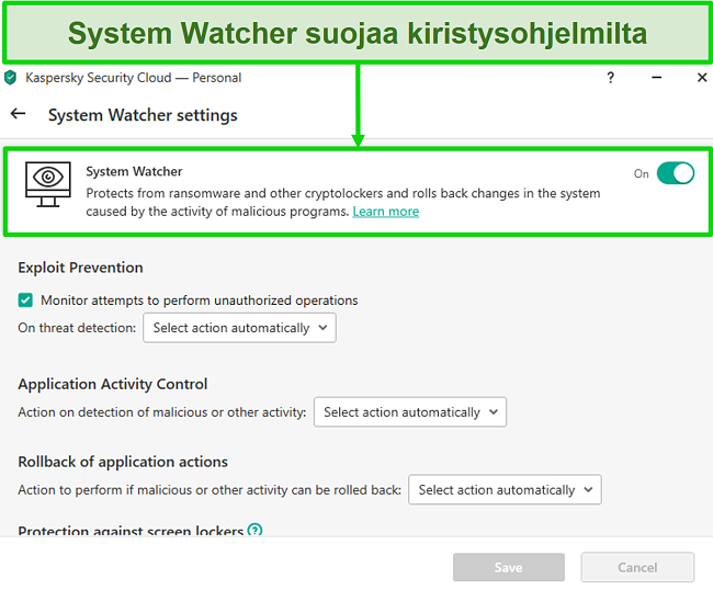 Näyttökuva Kaspersky System Watcher -asetusnäytöstä, joka mahdollistaa ransomware-suojauksen mukauttamisen.