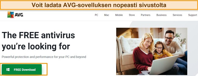 Kuvakaappaus AVG-kotisivusta, jossa näkyy latauspainike