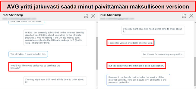 Näyttökuva, joka näyttää AVG: n live-chat-työkalun